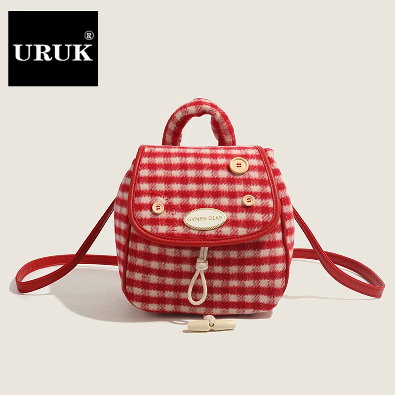 URUK小众设计包包女2025新款潮秋冬时尚双肩包高级感毛呢格子背包