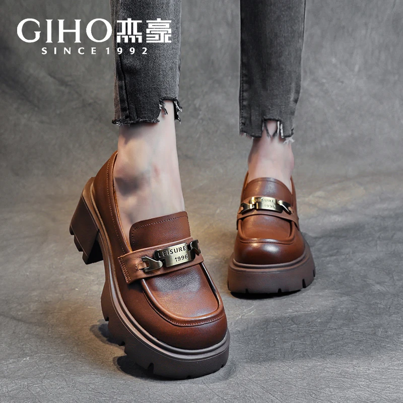 杰豪GIHO头层牛皮乐福鞋女新款真皮松糕厚底一脚蹬休闲女士单鞋