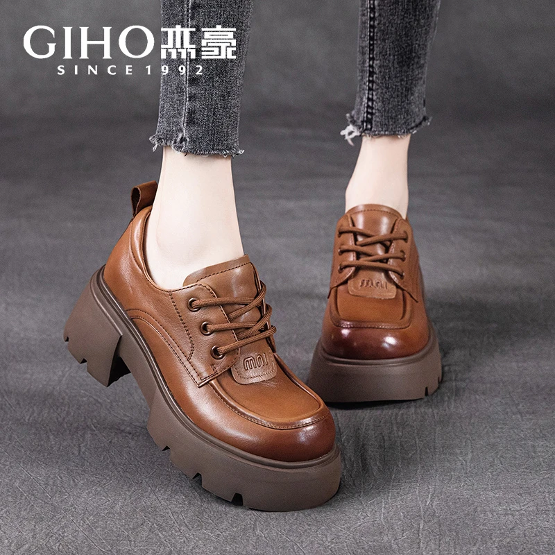 杰豪GIHO头层牛皮乐福鞋女季新款真皮松糕厚底复古系带女士单鞋子