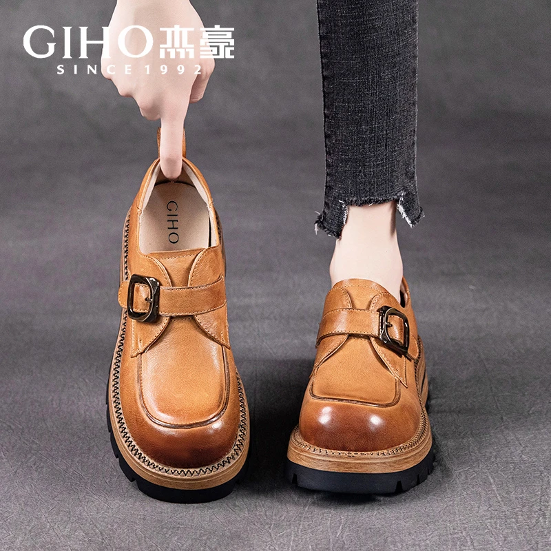 杰豪GIHO【重工款】头层牛皮乐福鞋女新款真皮复古民族风小皮鞋