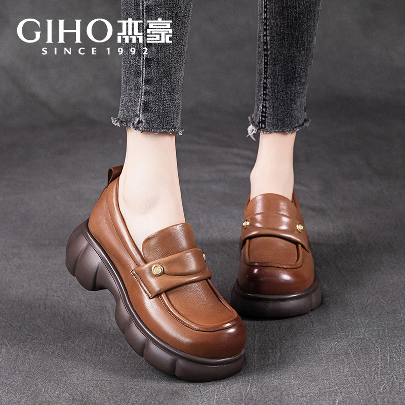 杰豪GIHO头层牛皮乐福鞋女新款真皮松糕厚底一脚蹬休闲复古单鞋