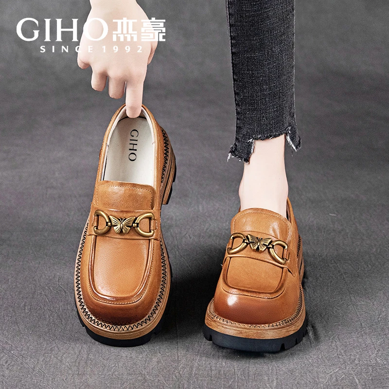 杰豪GIHO【重工款】头层牛皮乐福鞋女秋季新款真皮复古一脚蹬小皮鞋