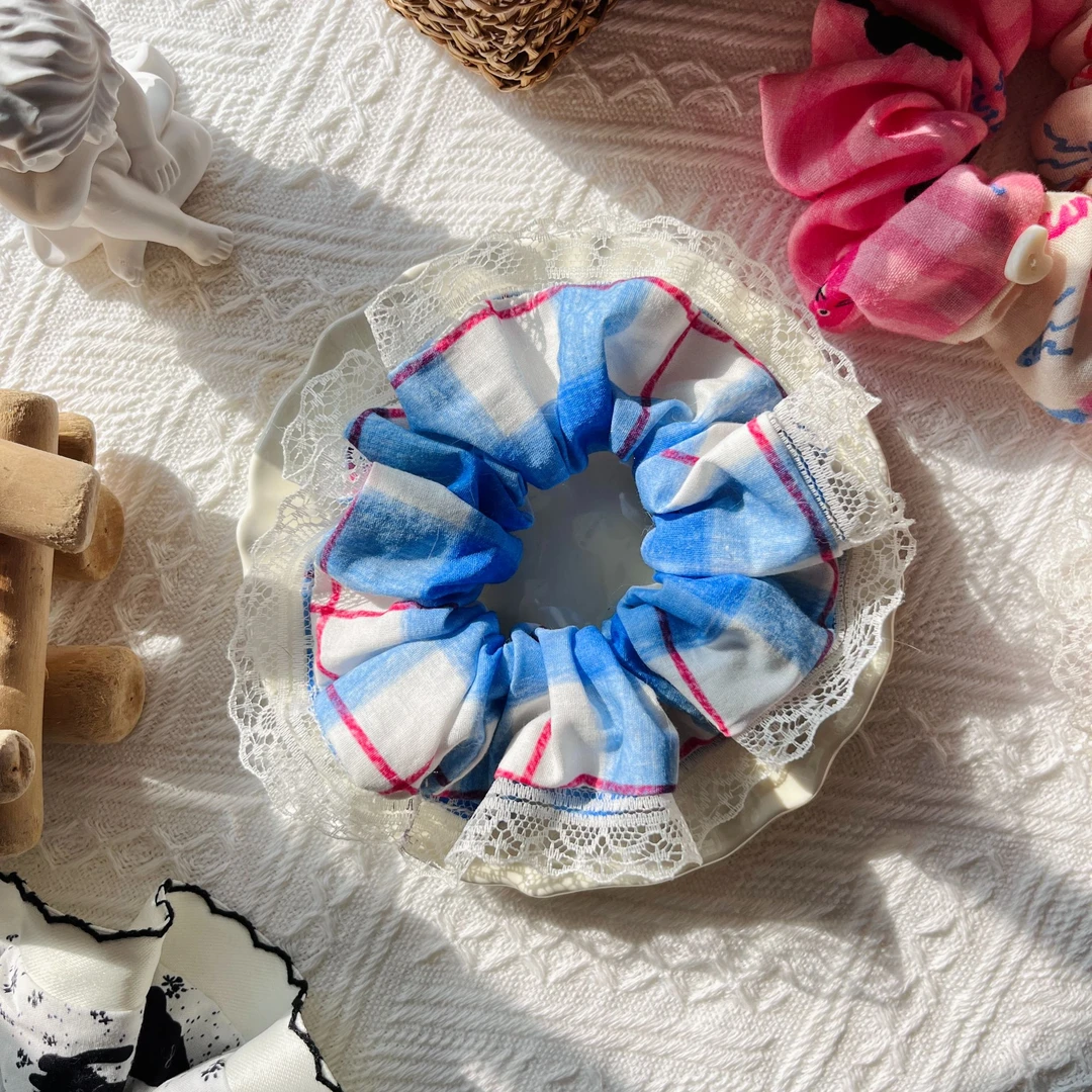 【七点自制】&蓝色幻想格纹蕾丝花边手工肠圈发圈ins少女甜美简约