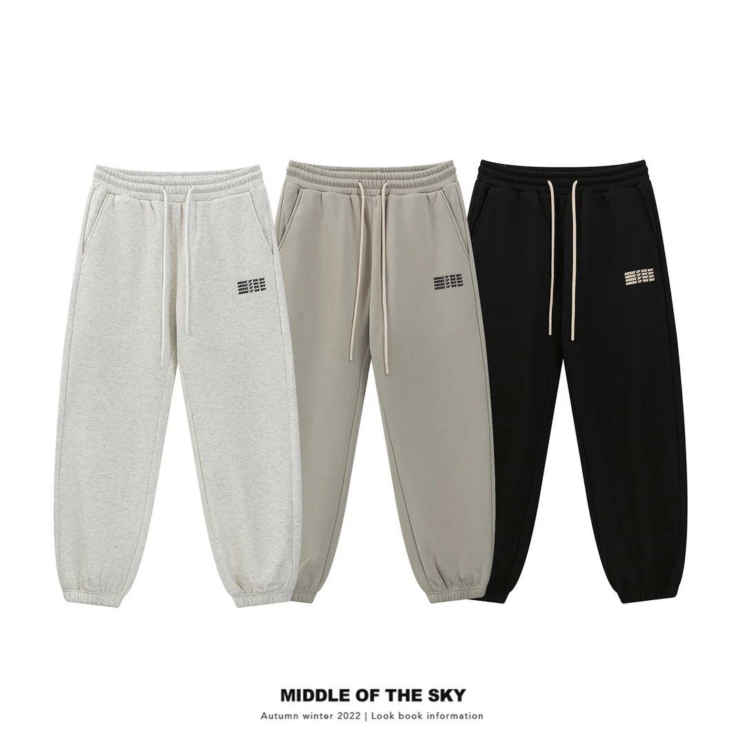 Middle of the sky冬季新款简约潮流加绒印花logo卫裤男女同款