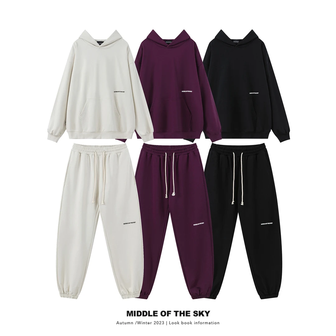Middle of the sky2023秋冬休闲宽松百搭发泡字母印花卫衣套装