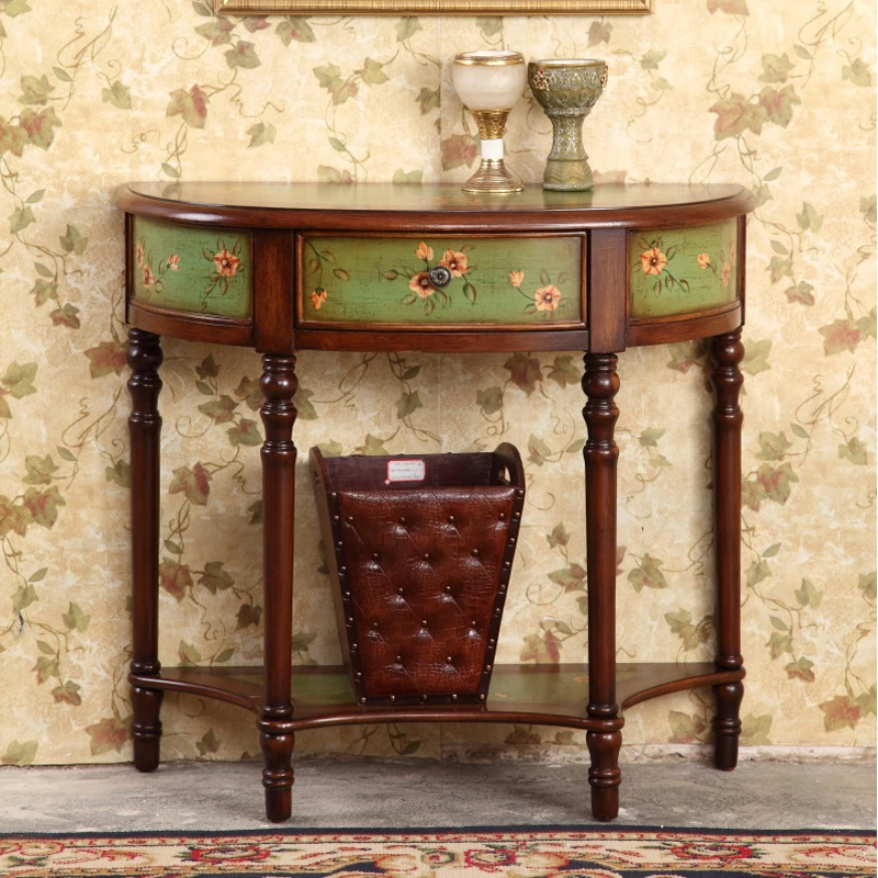 美式乡村玄关台田园复古实木玄关桌半圆靠墙桌门厅装饰柜手绘背几