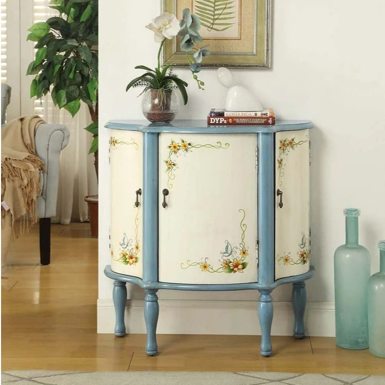 美式小户型玄关柜客厅门厅装饰柜复古彩绘装饰柜半圆形欧式餐边柜