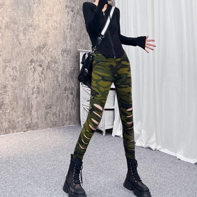 薄款潮牌迷彩破洞高腰弹力小脚裤女外穿2025年新款紧身裤显瘦长裤