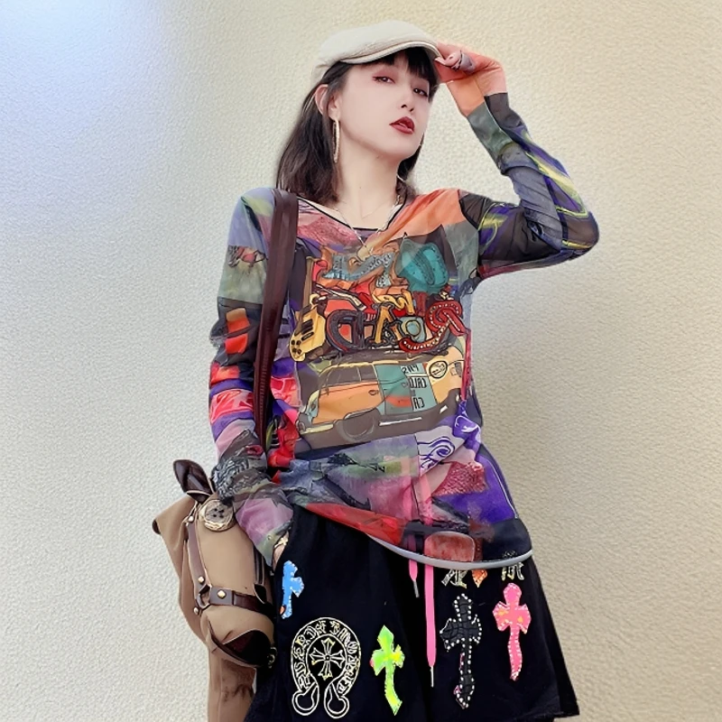 欧货网纱长袖T恤打底衫潮牌美式复古精灵巴士设计印花圆领套头t恤