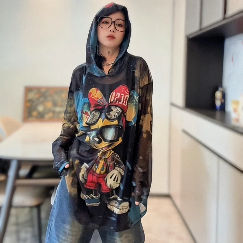 欧货网纱连帽长袖炸街T恤女潮牌宽松中长款上衣流行时尚帽衫t女装