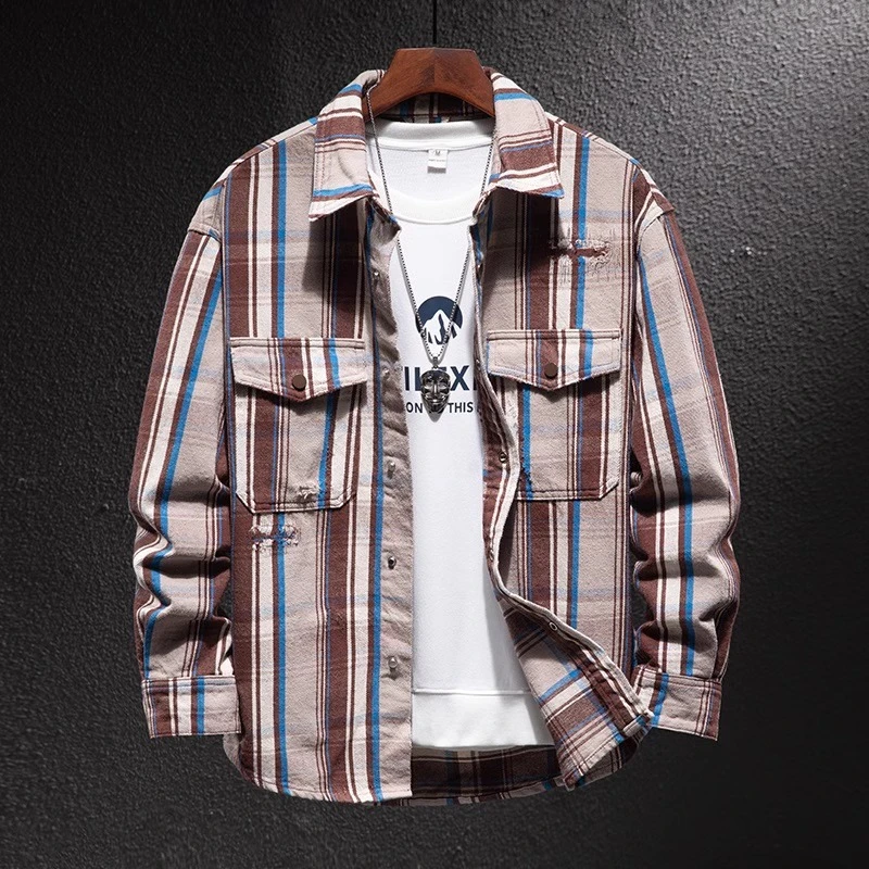 GS2024秋季潮流新款全棉衬衫男士休闲美式格子衬衫外套宽松长袖男