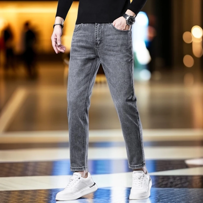 GS秋季男士高端潮流九分牛仔裤男2023新款弹力修身百搭直筒小脚裤