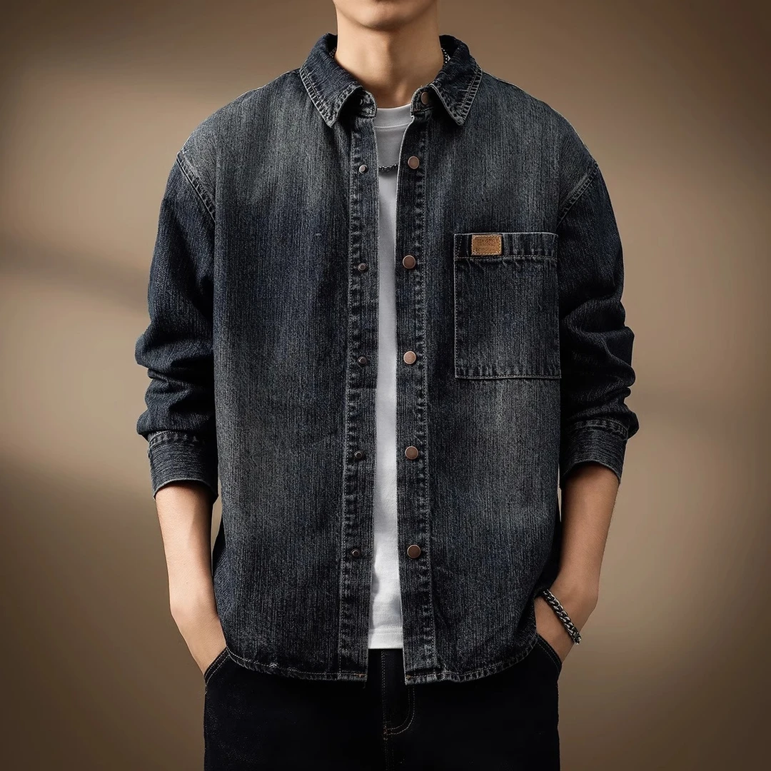 GS潮流高端复古竹节纹长袖牛仔衬衫男士春秋季宽松工装休闲外套男