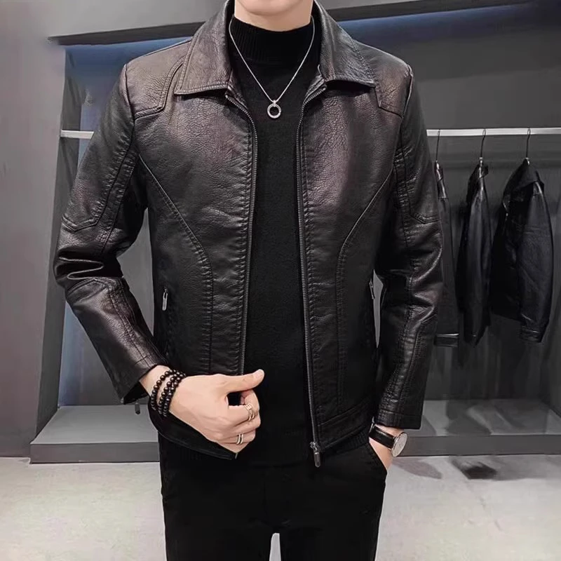 GS男士皮衣黑色机车服2024年秋冬季潮流休闲皮夹克外套男款