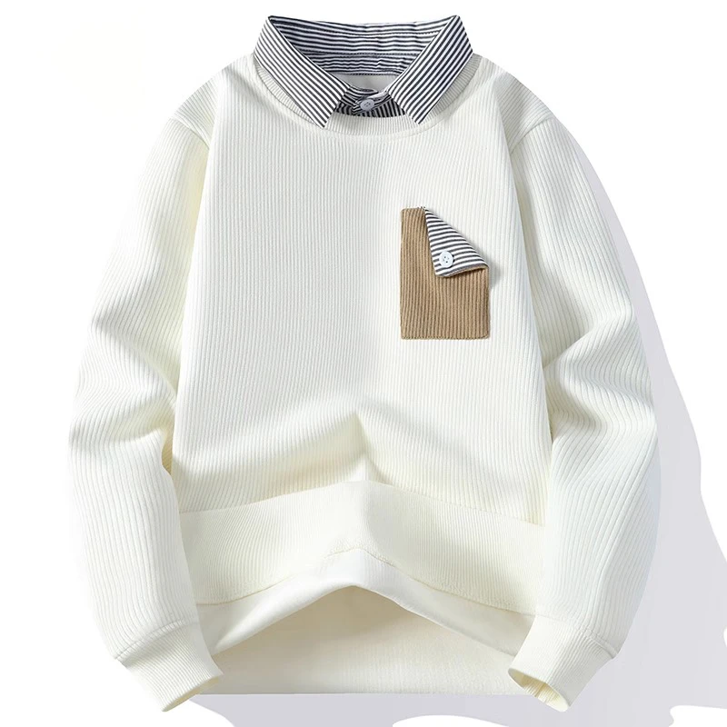 GS2024年新款春秋款假两件卫衣男士宽松潮牌衬衫领休闲内搭打底衫