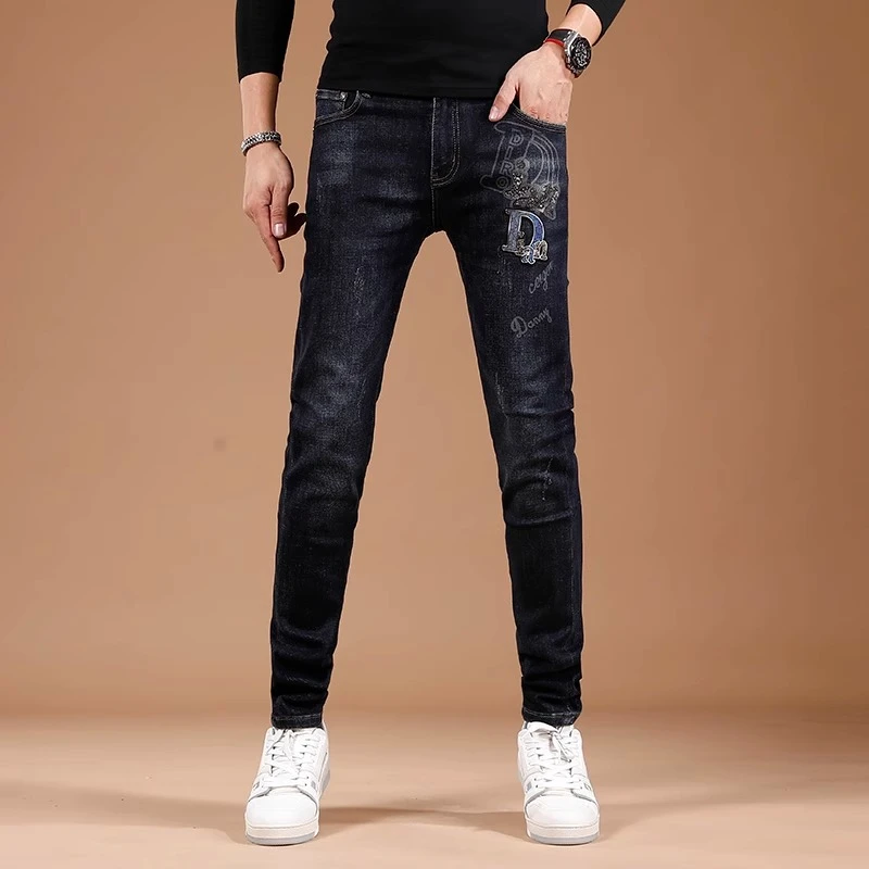 GS欧美高端直筒修身印花牛仔裤子男士秋冬季弹力小脚百搭休闲长裤