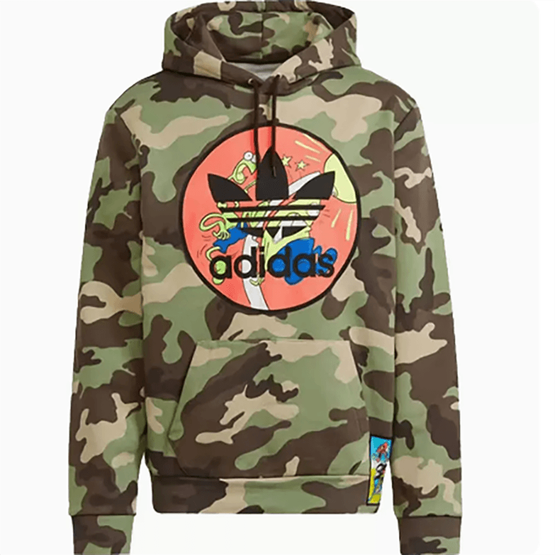 adidas  三叶草联名款贴片图案抓绒连帽卫衣男款迷彩色H53373