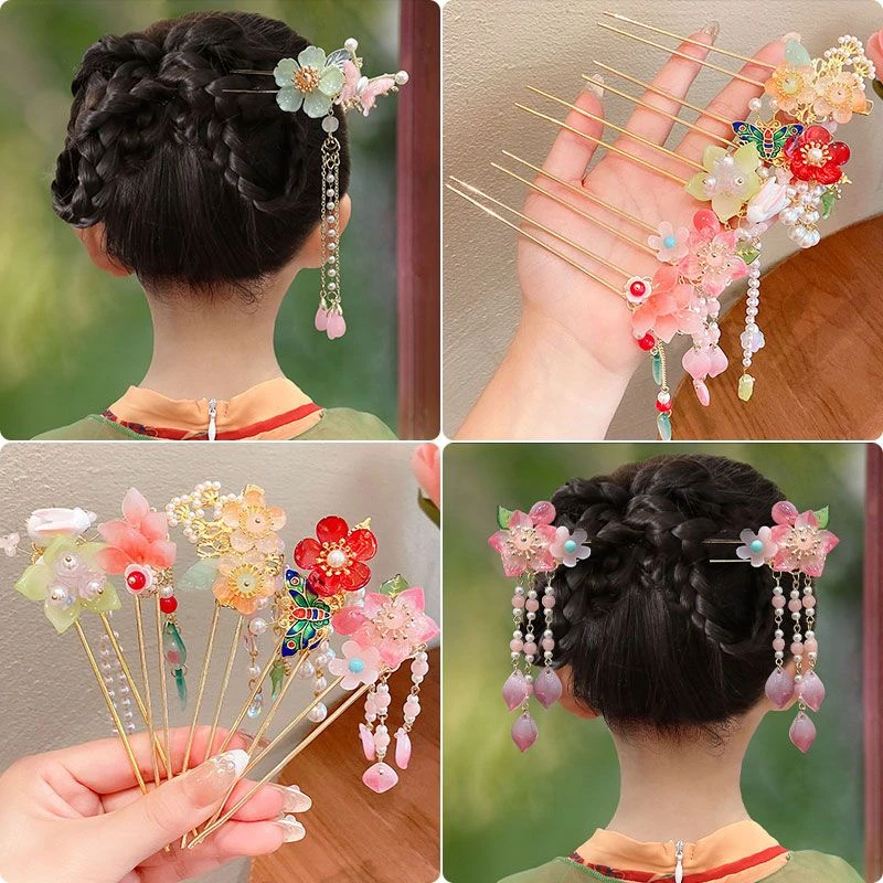 北厂 合金仿珍珠发饰 儿童古风汉服发饰国风女孩步摇流苏古装发钗