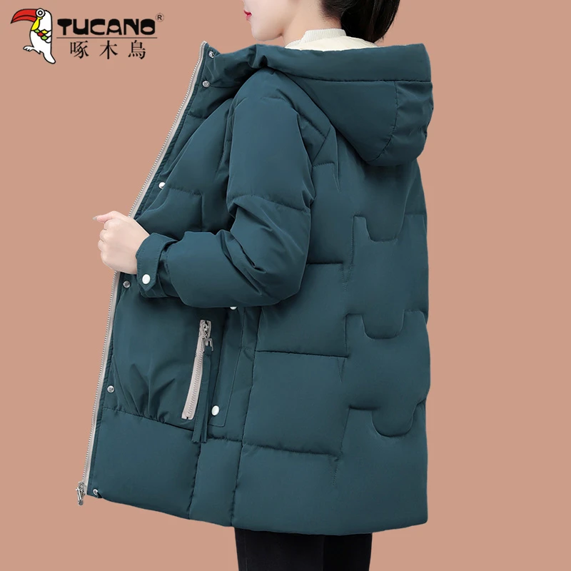 【官方品牌】啄木鳥中长款棉服女冬季2023新款中年棉衣宽松加厚棉袄