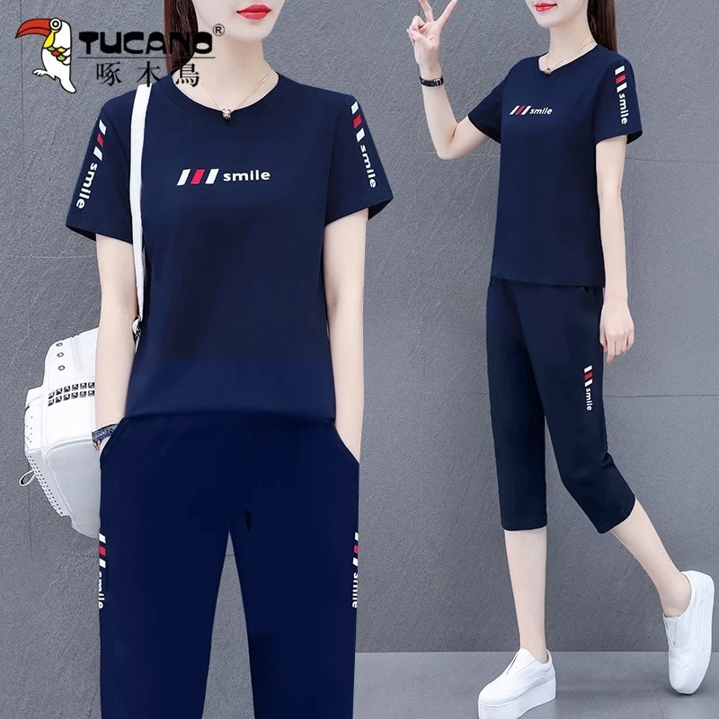 【官方品牌】啄木鳥七分裤运动套装女夏季薄款2023新款休闲两件套
