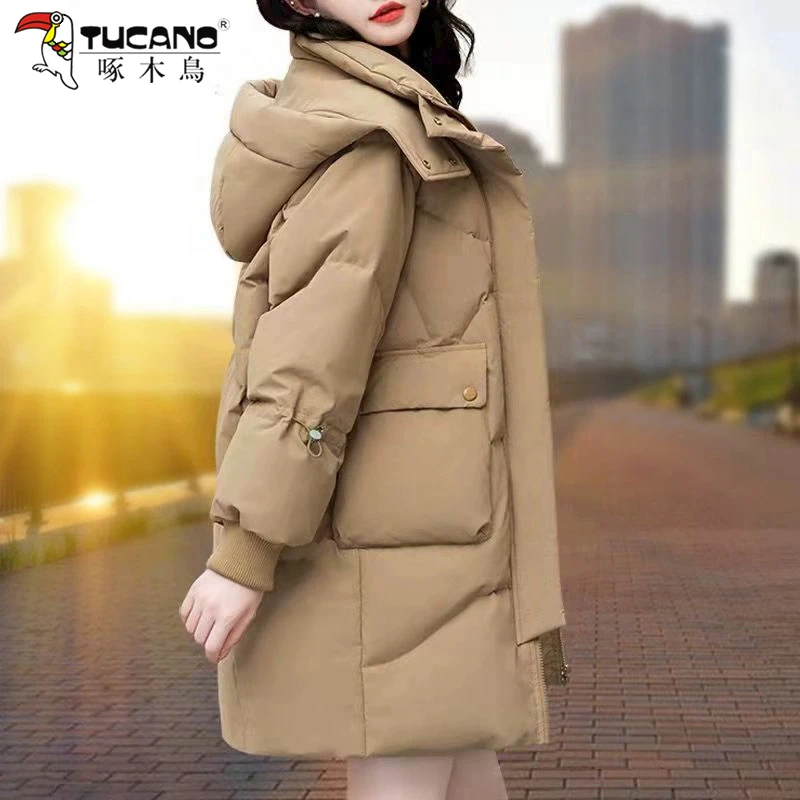 【官方品牌】啄木鳥白鸭绒羽绒服女冬季2025新款加厚保暖女款中长款