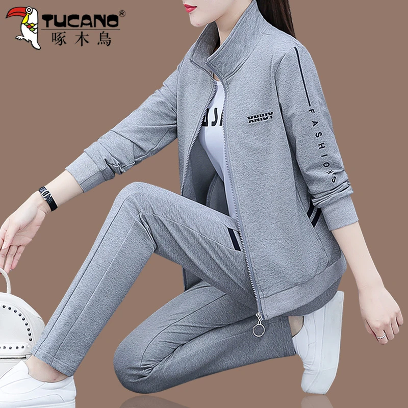 【官方品牌】啄木鳥大码洋气春季女士长袖韩版2025年立领跑步三件套