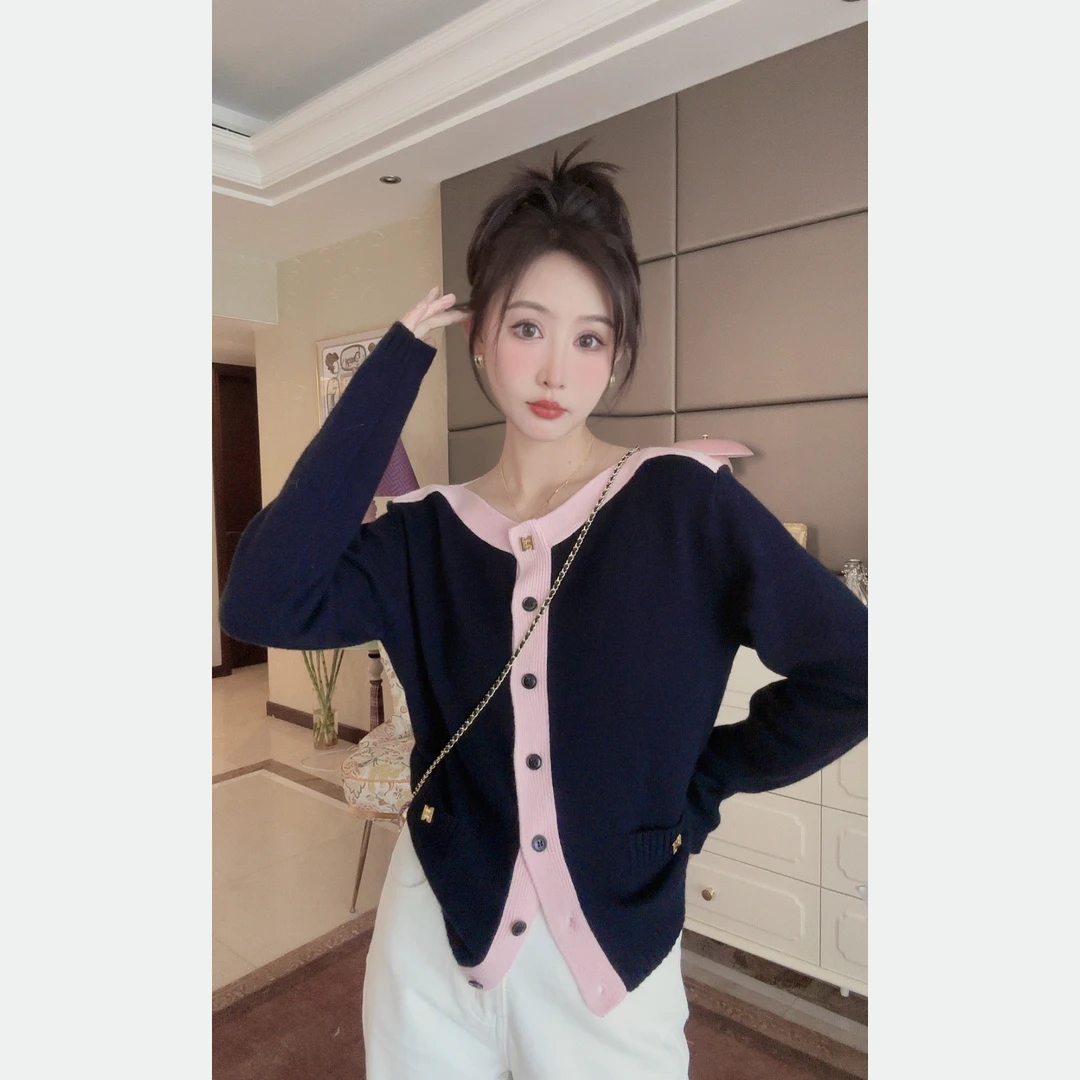 【猴猴ANDY】秋冬女士薄款针织开衫拼接减龄针织衫初秋上衣2308127