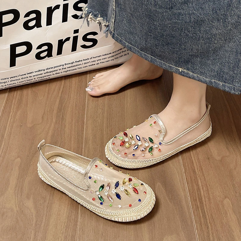 网面平底时尚渔夫鞋女外穿2025夏季新款休闲百搭水钻懒人豆豆鞋潮