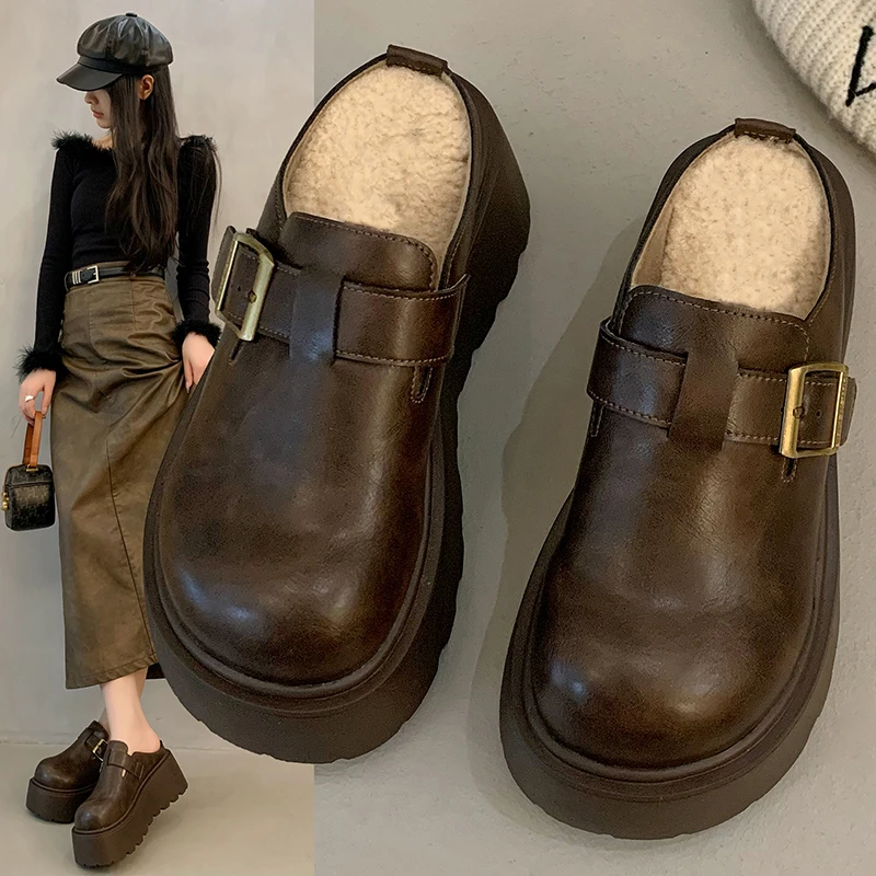 厚底增高包头半拖鞋女外穿2024秋冬新款加绒保暖一脚蹬勃肯半拖鞋