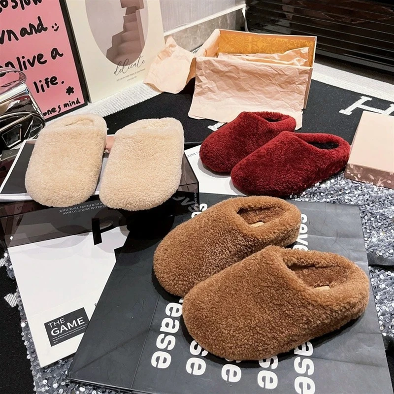 羊卷毛毛鞋一脚蹬2025秋冬新款懒人保暖博肯棉鞋包头半拖鞋面包鞋