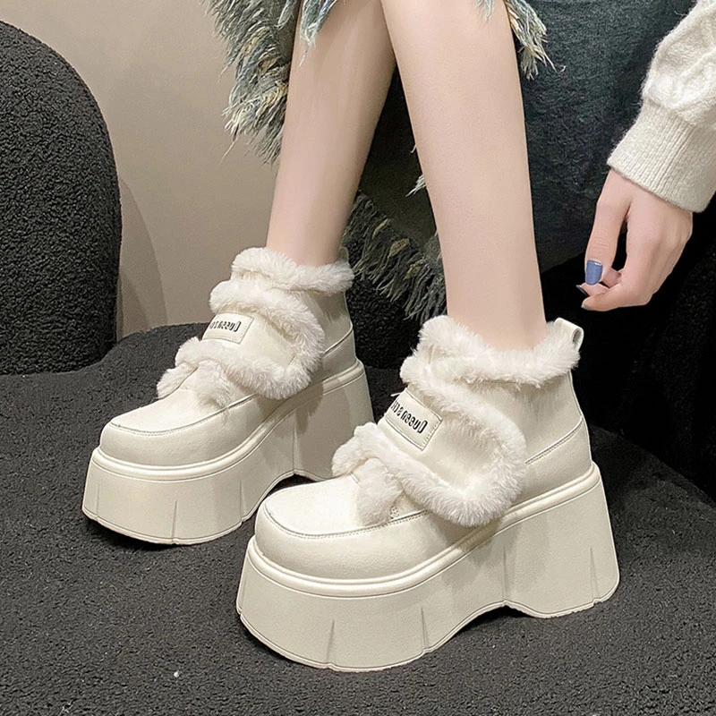 增高9cm白色毛毛雪地靴女2025冬季新款魔术贴加绒小个子厚底棉鞋