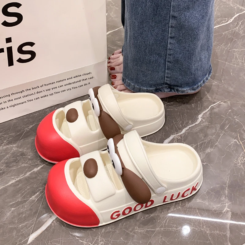 卡通可爱大眼狗包头拖鞋女夏季可湿水踩屎感软底个性丑萌少女拖鞋