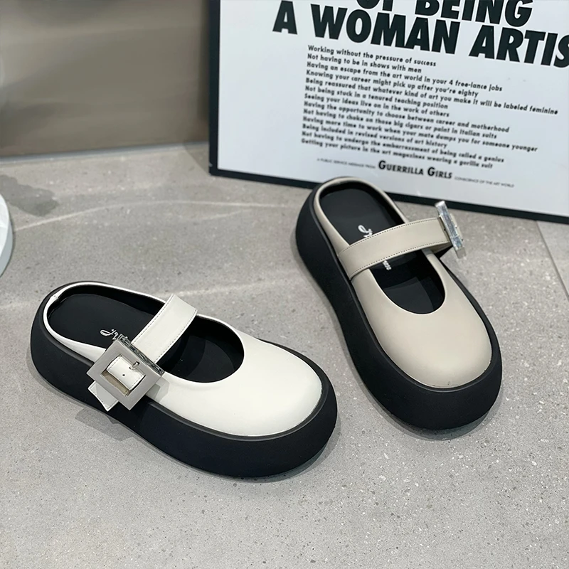 欧洲站松糕小众小皮鞋女外穿2024夏季新款法式复古方扣包头半拖鞋