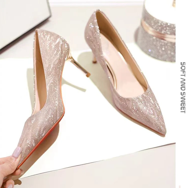 网红爆款高端时尚香槟气质高跟鞋女细跟不累脚秀禾婚纱两穿尖头