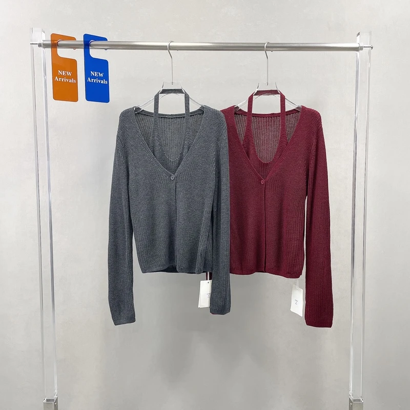 欧洲站秋新款短款假两件挂脖背心针织衫上衣修身毛衣开衫女32858