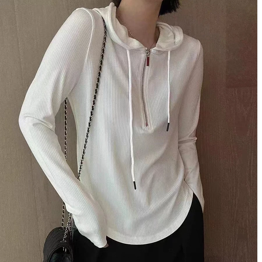 【美轩可】2024秋款休闲百搭半拉链连帽长袖打底T恤511