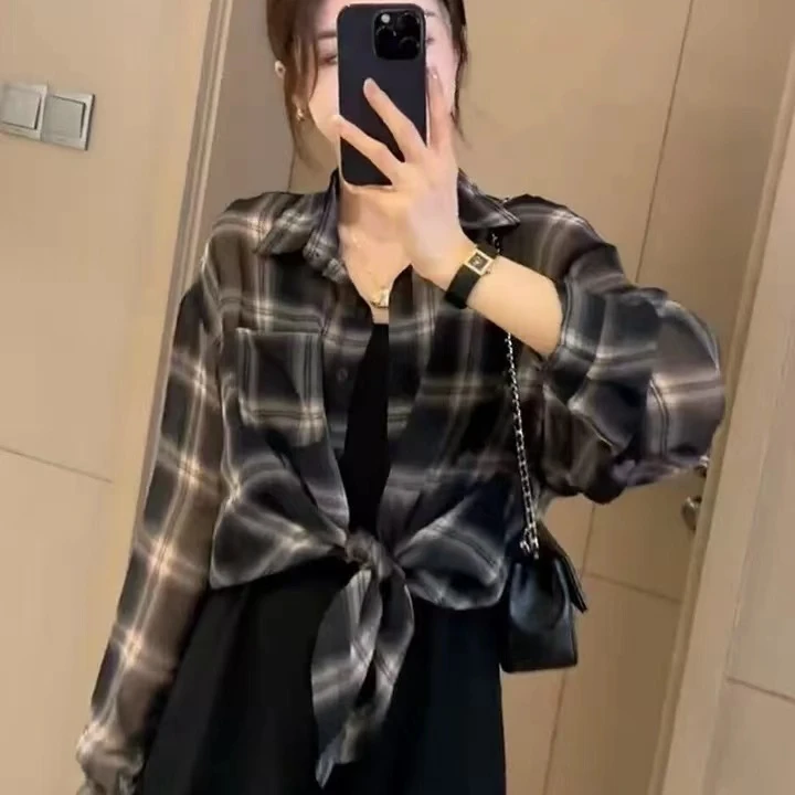 （美轩可）2024夏季新款时尚百搭休闲女装长袖格子防晒衬衫5574