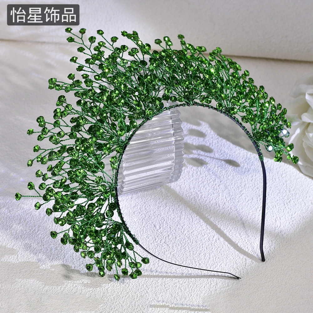 怡星高级轻奢绿色皇冠头饰手工镶钻宽边发箍婚礼头箍气质发饰A234
