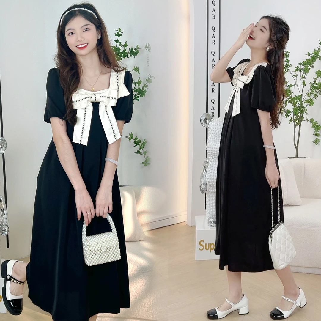 孕妇连衣裙2024夏季韩版时尚气质显瘦方领蝴蝶结黑色中长款孕妇装