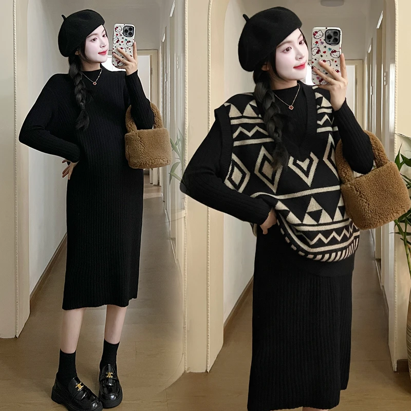孕妇装2024年冬季新款时尚高级感马甲套装+毛衣连衣裙宽松两件套