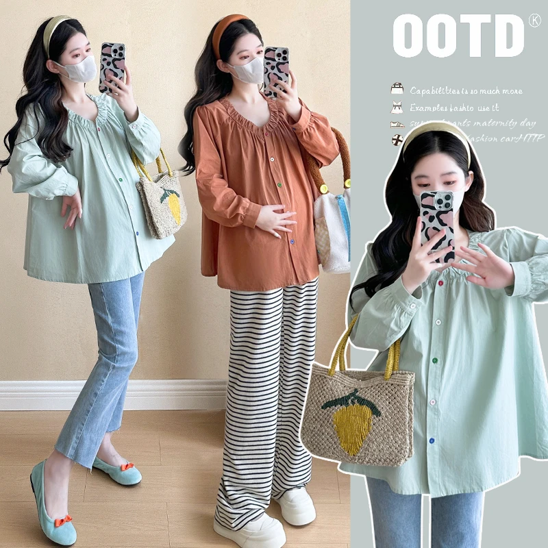 【加倍爱】孕妇装秋季新款2024孕妇长袖V领甜美减龄宽松娃娃衫上衣