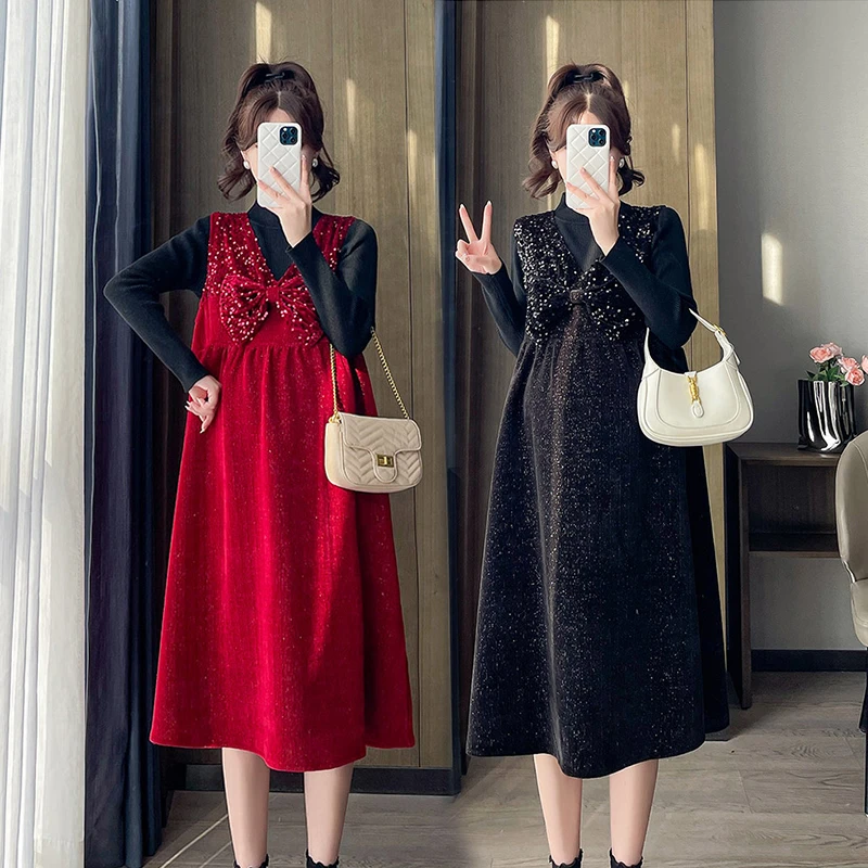 孕妇套装2023秋冬时尚显瘦优雅气质背心裙+打底衫孕妇装两件套