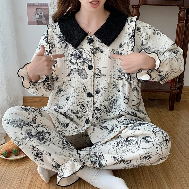 孕妇家居服2023秋冬碎花大码隐形拉链夹层空气棉哺乳睡衣怀孕期