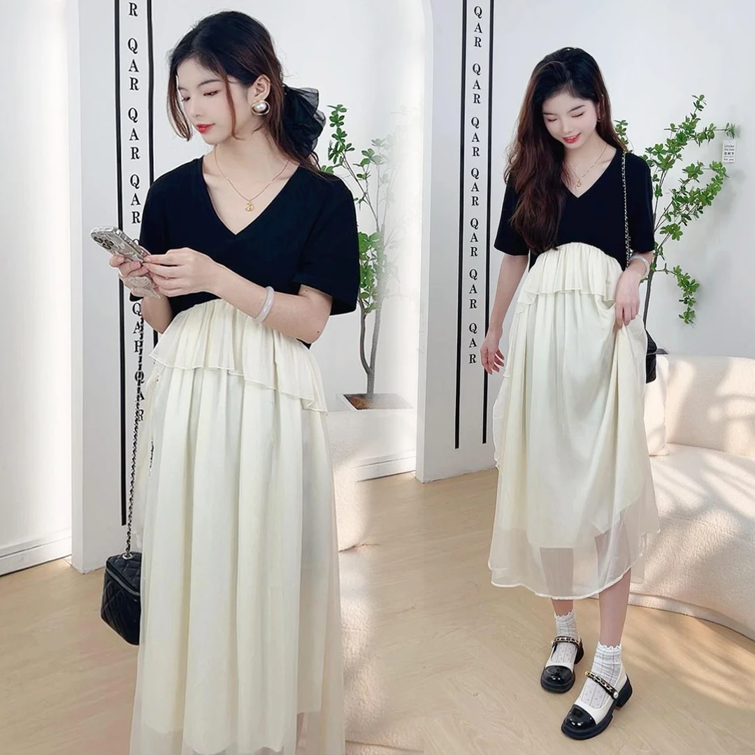 孕妇连衣裙2024夏季显瘦甜美仙女白色拼接气质温柔风中长款孕妇装