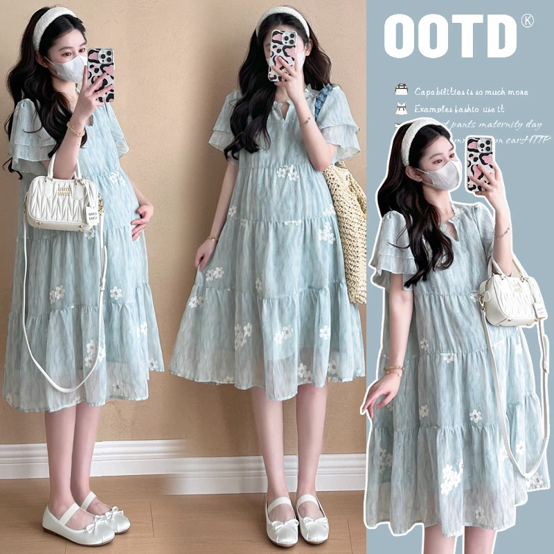 【加倍爱】2024孕妇装新款刺绣薄荷曼波绿甜美小清新中长孕妇连衣裙