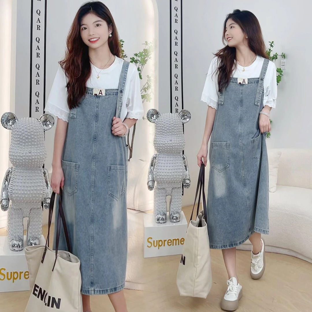 孕妇装2024夏季韩版宽松显瘦减龄中长款洋气时尚孕妇牛仔背带裙