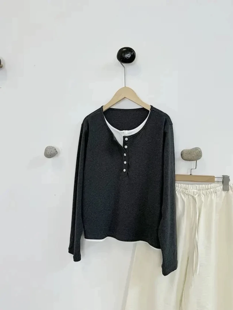 酷芭芭精选～秋冬系列撞色假两件圆领打底内侧加绒