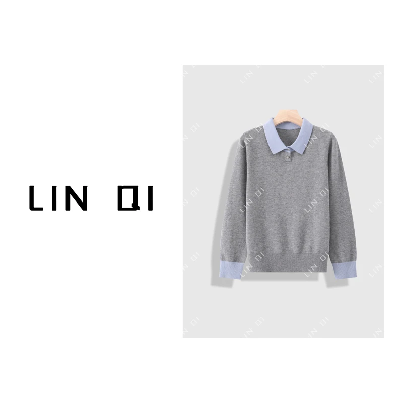 （100超细羊毛）2025新款保暖简约气质针织衫羊毛翻领百搭打底衫女