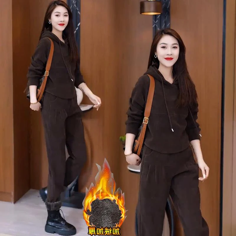 加绒加厚时尚休闲套装女2023秋冬新款雪尼尔连帽卫衣哈伦裤两件套