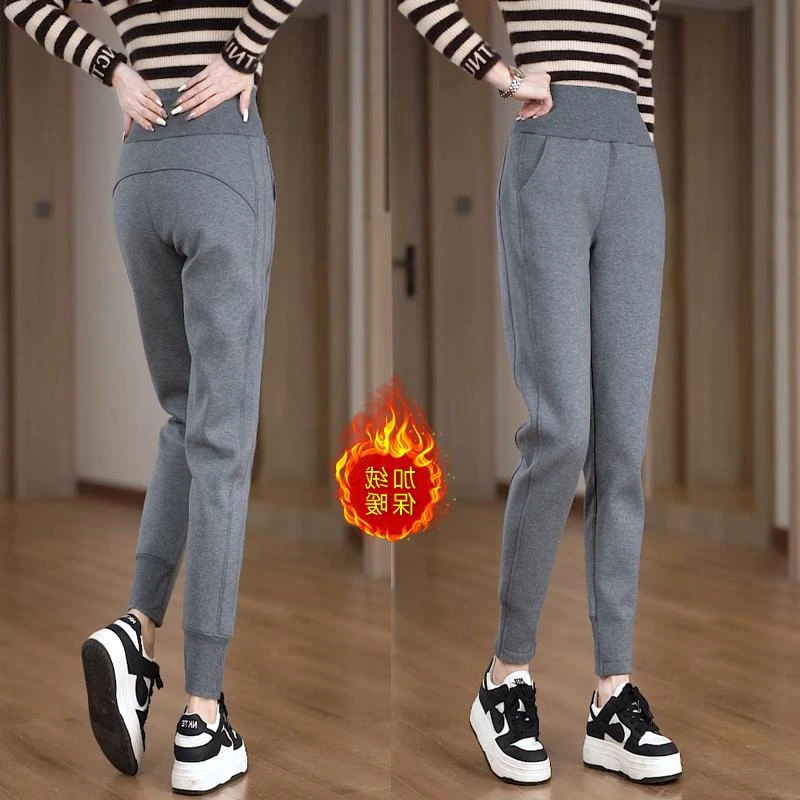 加绒卫裤女秋冬季美式休闲运动裤小个子高腰加厚哈伦裤子【达人】